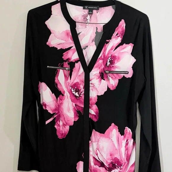 INC International Concepts Black Blouse with Pink Floral Pattern - Picture 2 of 6